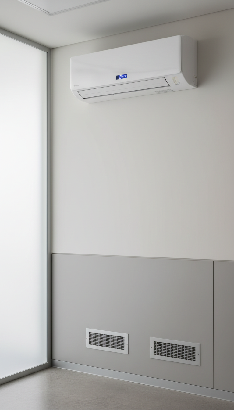 A precision-installed, heavy-duty split air conditioning unit with sleek white casing and blue LED display mounted high on a smooth, light-neutral wall in a contemporary, minimalist office space. The environment features organized cable routing and unobtrusive ventilation grilles set within a backdrop of muted gray and white tones, adding to the overall sense of order. Gentle, diffused daylight filtered through frosted glass panels brightens the space, producing soft, understated shadows. The composition focuses squarely on the unit from a centered, slightly low angle, with sharp detail and an uncluttered field of view. This photographic realism enforces a professional, calm atmosphere, aligning with corporate climate control services.