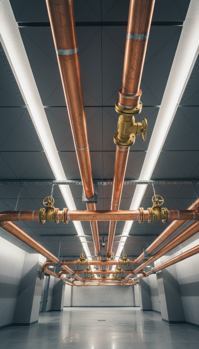 A pristine, large-bore copper pipework system with expertly soldered joints and strategically placed brass valves, running along a modern industrial ceiling finished in matte, neutral tones. The pipes are suspended with heavy-duty steel brackets for flawless alignment. The space is an ultra-clean utility corridor, with subtle geometric patterns in the surrounding structure. Soft, indirect LED strip lighting creates a gentle play of light and shadow along the curves of the pipework, emphasizing structural clarity and integrity. Captured from a low, upward-looking angle to convey scale and mastery, the image uses unwavering focus throughout for a sharply defined, organized aesthetic, showcasing engineering artistry in the heart of commercial plumbing.