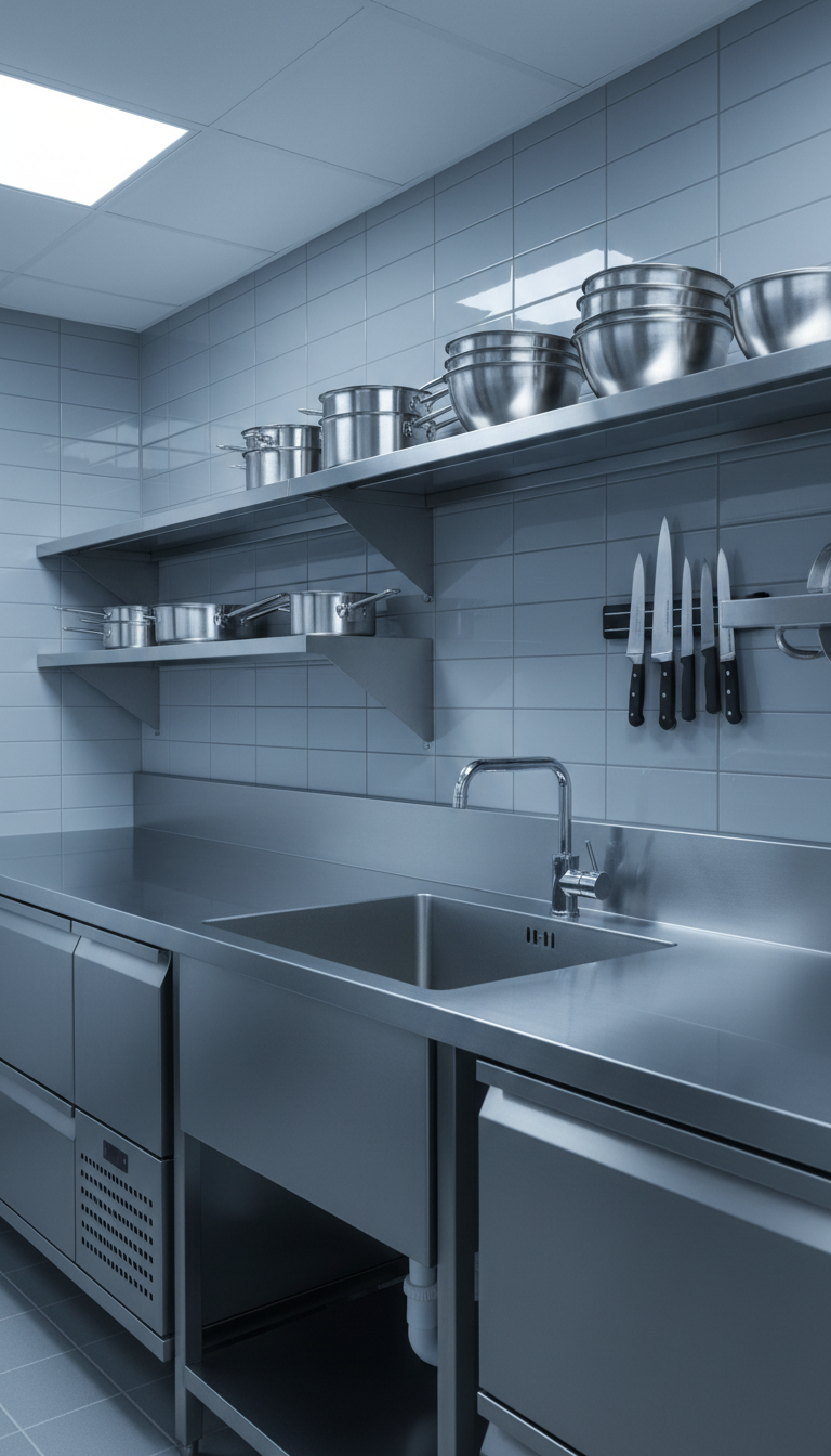 A meticulously arranged professional kitchen workspace featuring a state-of-the-art, brushed stainless steel commercial sink unit with seamless welding and industrial-grade faucet. The background includes tiled splashbacks in soft greys and neatly organized chrome shelving holding kitchenware, all within a pristine, well-lit culinary installation. Cool-toned, even lighting descends from overhead fixtures, eliminating harsh contrasts while creating subtle metallic reflections. The atmosphere is composed and efficient, reflecting expertise and order. Captured with a slightly elevated angle and structured, rule-of-thirds composition, the image adheres to a clean, minimalist corporate aesthetic perfectly suited for a plumbing and professional kitchen solutions site.